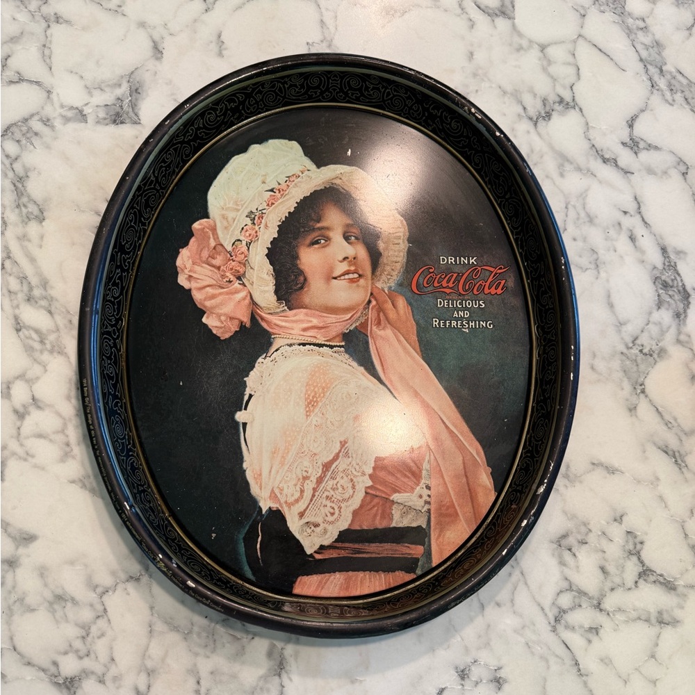Coca-Cola Oval Tray with Pink Ribbon Lady and Black Trim
